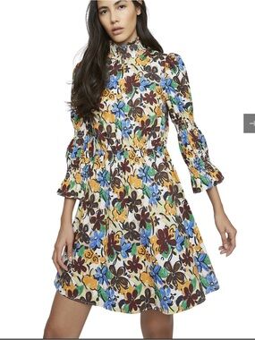 Glamorous Multi-Color Spring Floral Smocked High-Neck Mini Dress, Stretchy Waist
